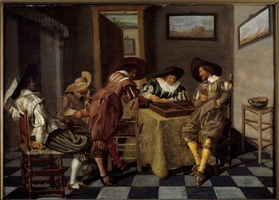 tric trac（トライ・トラック：バックギャモンの古いゲーム）の部分。ディルク・ハルス（1591-1656）の絵画、1615-1625年頃の作品。木に油彩。寸法：0.38×0.53m。リール、ボザール美術館 - チック・トラック・プレイヤー（「チック・トラック：古代のバックギャモン・ゲーム」）。ディルク・ハルスの絵画（159 作： Dirck Hals