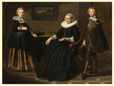 息子と娘を連れた母親 1641-41年頃 面取りされたオーク材のパネルに油彩 作： Dirck Santvoort