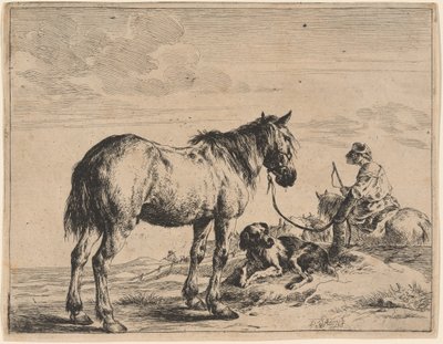 リクライニング犬と一緒に柱に縛られた馬 作： Dirck Stoop