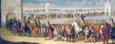 「1661 年 4 月 22 日、ロンドン市を通るチャールズ 2 世の騎兵隊」、1662 年。 作： Dirck Stoop