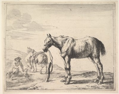 ポストに縛られた馬、左折。 作： Dirck Stoop