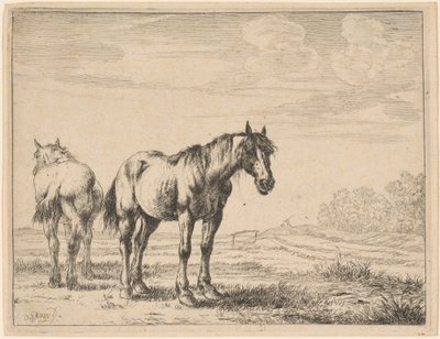 フィールドに立っている 2 つの鋤馬 作： Dirck Stoop