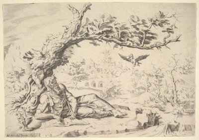 1549年、カラスに餌を与えられるエリヤ。 作： Dirck Volkertsen Coornhert