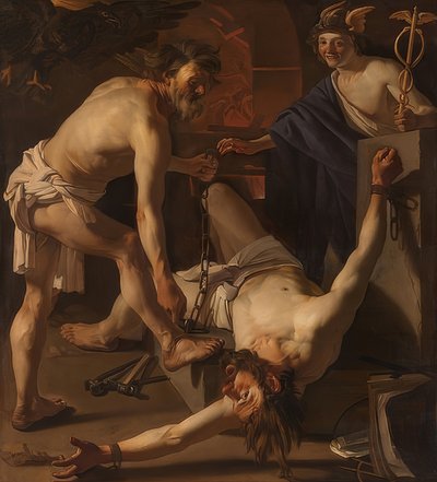 火山によって繋がれたプロメテウス。 1623年 作： Dirck van Baburen