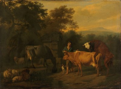 牧夫と牛のいる風景 作： Dirck van Bergen