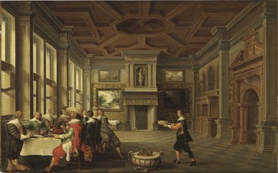 Diner distingue dans un interieur - 内装の中の識別された晩餐団」デレン、ディルク・ファン（c. 1605-1671）作。油彩・キャンバス 作： Dirck van Delen