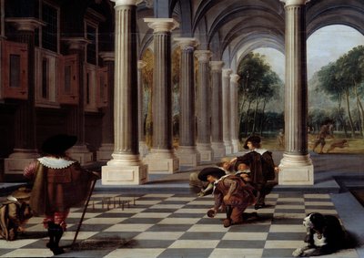 Skitel Players 市松模様の床の上でボウリングをするゲーム。詳細ディルク・ファン・デレン（1605-1671）による絵画 作： Dirck van Delen