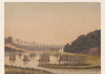 遠くに建物がある湿地の風景 作： Dirk Arnoldus Tavenraat