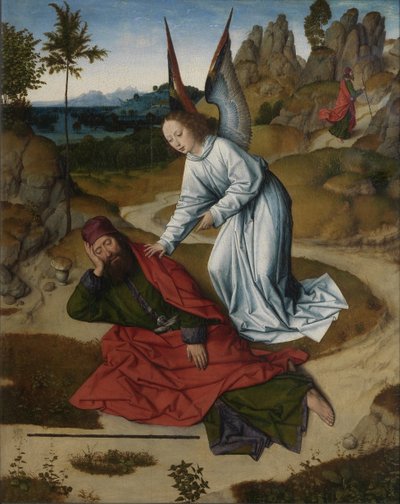 最後の晩餐の祭壇画：荒野の右翼にあるエリヤ、1464-1468 作： Dirk Bouts