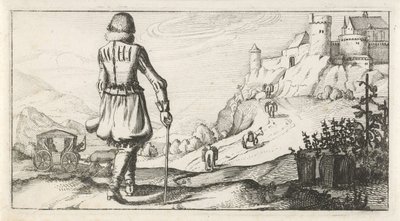 山の風景の中のジャーキンの男 オランダの女性と男性の衣装、1622年（シリーズタイトル） 作： Dirk Eversen Lons