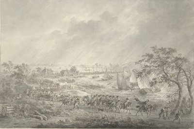 1794 年 11 月 7 日、ヴァール川に架かる船橋を渡ってナイメーヘンからレントに向かうイギリス軍とハノーバー軍の部隊 作： Dirk Langendijk