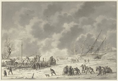 1795 年 1 月、テクセルでの土地の飛行 1794 年 12 月の Canonier Booten の出発と Landzaaten の Vlugt (オブジェクトのタイトル) 作： Dirk Langendijk