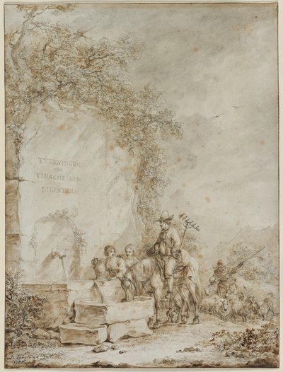 絵のアルバムのフロントピース：噴水の農民、1784。 作： Dirk Langendyk