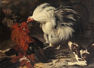 喧嘩する二羽の雄鶏と見守る犬、その向こうの公園の風景 作： Dirk Valkenburg