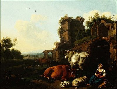 羊飼いのいる風景」1670年頃（パネルに油彩） 作： Dirk van Berghen