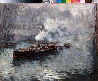 蒸気船 - Dmitri Anfimovich Shcherbinovsky (1867-1926) による絵画、キャンバスに油彩 作： Dmitri Anfimovich Shcherbinovsky