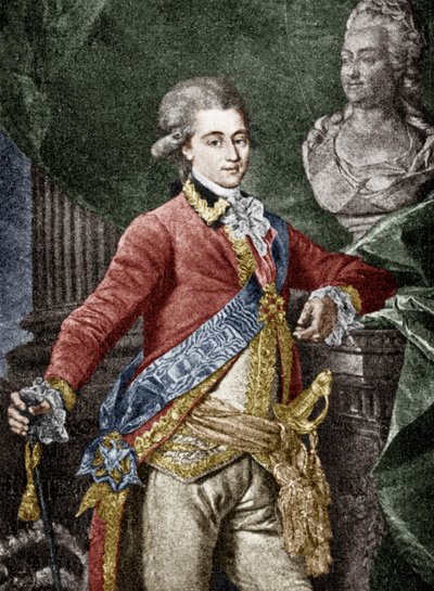 アレクサンドル・ドミトリエヴィチ・ランスコイ（1758-1784）ロシア軍人、ロシア皇帝エカテリーナ2世の愛人、エングレーヴィング、カラー化された文書 作： Dmitri Grigor