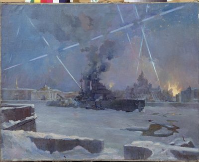 1942 年、レニングラード (ロシア、サンクトペテルブルク) のネヴァ川の重砲 (レニングラードの包囲戦中、凍った川のキュイラスが空襲から燃える街を守る)。 第二次世界大戦 (1939-1945) のエピソード。 画家 作： Dmitri Nikiforovich Martynov