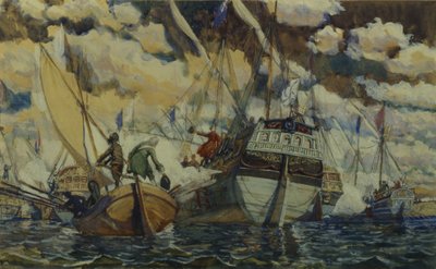 ピーターIとレフォート。プレシェエヴォ湖のピーター1世の艦隊、1927年 作： Dmitri Nikolayevich Kardovsky