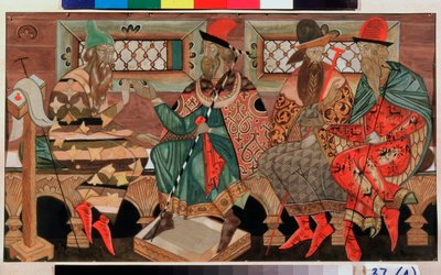 会話 (トーク) - Dmitri Semyonovich Stelletsky (1875-1947) の作品、紙にグワッシュ 作： Dmitry (Dmitrij) (1875 1947) Stelletsky
