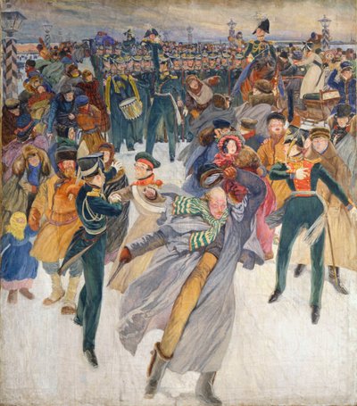 「1825 年 12 月 14 日の元老院広場でのデカブリストの反乱」、19 世紀後半 作： Dmitry Kardovsky