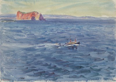 ボートと崖のある海の風景 作： Dodge Macknight