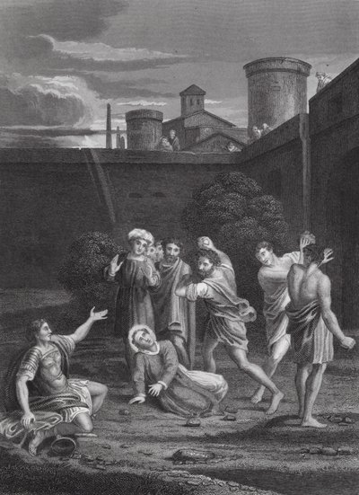 聖ステファノの石打ち」使徒言行録第7章54節、60節（エングレーヴィング） 作： Domenichino (1581 1641) (after)