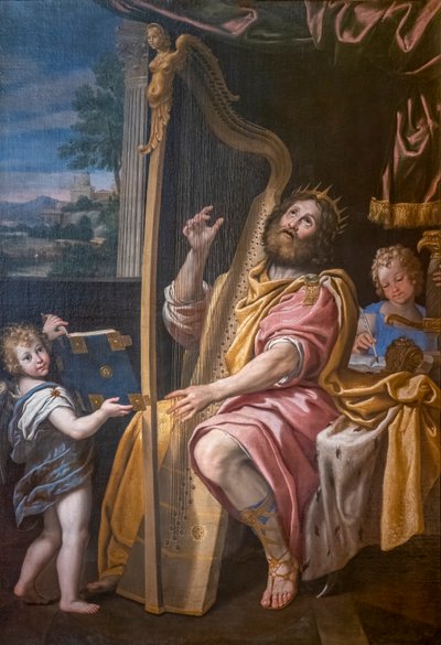 ハープを演奏するダビデ王、ドミニクインとして知られるドメニコ・ザンピエリ 作： Domenichino