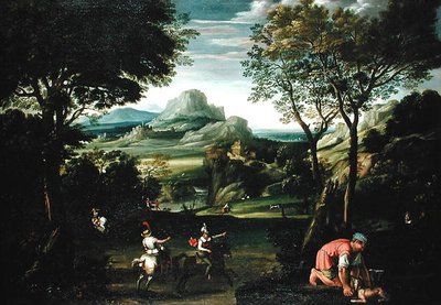 舟のある風景」または「狩りのある風景」（油彩・キャンバス 作： Domenichino