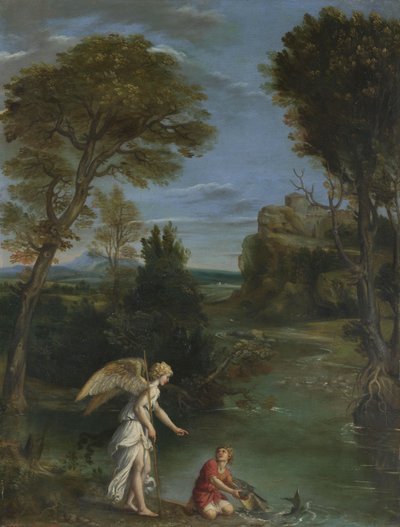 トビアスが魚を捕まえている風景、c.1615（銅に油を塗る） 作： Domenichino