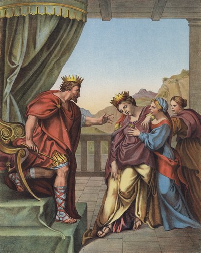 エステルの願いを何でも叶えると約束するアハシュエロス王（カラーリトグラフ 作： Domenichino