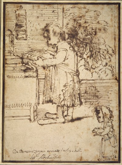 アルドブランディーニ神学者の風刺画、犬を抱いた女性の小人（紙にペン＆インク 作： Domenichino
