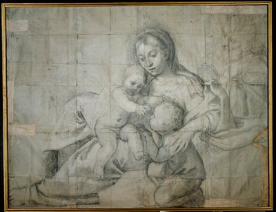 憩いの聖家族と幼子・洗礼者ヨハネ（紙に黒チョーク 作： Domenichino