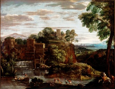 エジプト飛行のある風景 ドメニコ・ザンピエーリ（イル・ドメニキーノ）（1581-1641）の絵画 1620年 約 Sun.165x202 cm パリ、ルーヴル美術館 - ドメニコ・ザンピエリ（通称イル・ドメニキーノ）（1581-1641）の「エジプトへの飛翔のある風景」。油彩・キャンバス 作： Domenichino