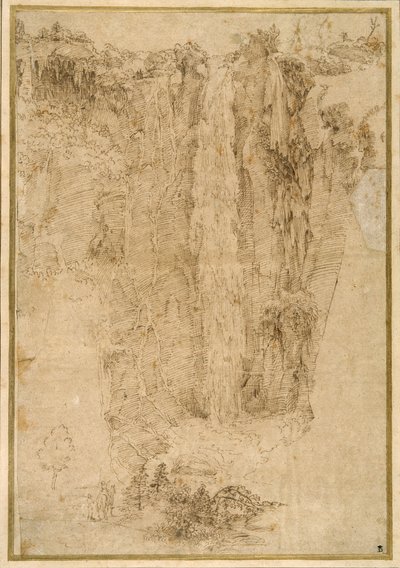 滝のある風景、足元には2人の男性、1人はマウント（紙にペンと茶色のインク 作： Domenichino
