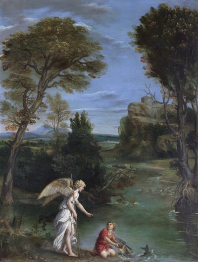 フィッシュを手にするトビアスのいる風景 作： Domenichino