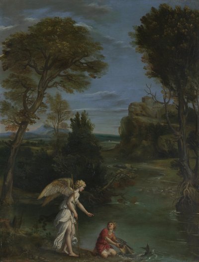 トビアスが魚を捕まえる風景c。 1612 作： Domenichino