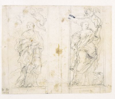 聖アガサとマーガレットの立像がプッティで戴冠されている 2 つのニッチ 作： Domenichino