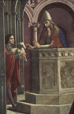 捧げ物をするヨアヒム、「ヨアヒムの神殿からの追放」より（フレスコ画）（詳細） 作： Domenico Ghirlandaio