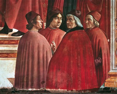 聖母マリアの物語。ザカリアスへの受胎告知」クリストフォロ・ランディーノ、アンジェロ・ポリツィアーノ、マルシリオ・フィチーノ、1485-90年頃の詳細（フレスコ画） 作： Domenico Ghirlandaio
