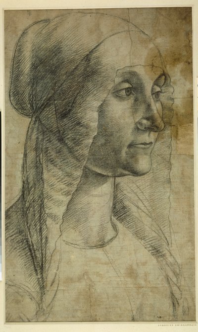 髷を結った女性の頭部（白紙に黒チョーク_）。 作： Domenico Ghirlandaio