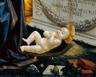 羊飼いの礼拝」を描いた絵の細部「幼いキリスト 作： Domenico Ghirlandaio