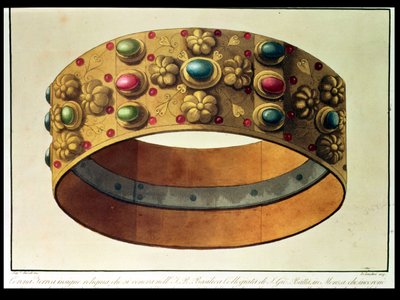 777年にカール大帝を、1805年にナポレオンを戴冠させたロンバルディアの鉄冠（ミラノの大聖堂にて）、D.ランディーニ作（アクアチント）。 作： Domenico (after) Landini