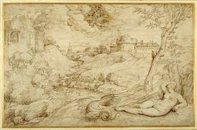 ロジャーとアンジェリカのいる風景、「オルランド・フリオーソ」より、X、ティツィアーノの後（紙にペンと茶色のインク 作： Domenico (attr. to) Campagnola