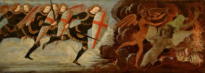 聖ミカエルと悪魔との戦いでの天使（木製パネルのテンペラ） 作： Domenico Ghirlandaio