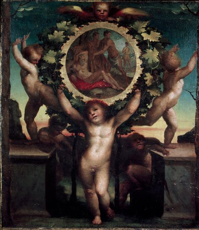 ノエが酔いつぶれた天使（プッティ）たち。ドメニコ・ベッカフミ（1486-1551）の絵画 作： Domenico Beccafumi