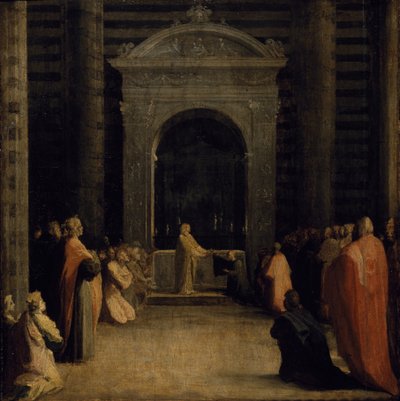 シエナの街の鍵を聖母に捧げる」1526年以降（油彩・紙・木版パネル 作： Domenico Beccafumi