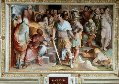 ローマの裕福なプレビア人Spurius Maeliusの暗殺（紀元前5世紀） Domenico di Giacomo di Pace dit Beccafumi（1486-1551）によるフレスコ画 1529-1535 Siena, palazzo pubblico 作： Domenico Beccafumi