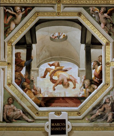 紀元前390年、ガリア人の侵攻の際に、ローマ総督マルクス・マンリウス・カピトリヌスがキャピトルの城塞から陥落した様子 ドメニコ・ディ・ジャコモ・ディ・パーチェ・ディット・ベッカフミ（1486-1551）によるフレスコ画 1529-1530 Siena（シエナ）、Palazzo Casini Casuccini 作： Domenico Beccafumi