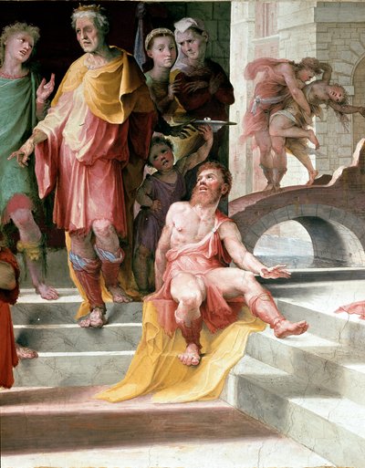 Seleucos de Locres (Seleucus de Locride)の生贄 Seleucosは、息子が犯した強姦の罰として、片目を死なせることを優先して、息子の目を見えなくする。ドメニコ・ディ・ジャコモ・ディ・パーチェ・ディ・ベッカフミ（1486-1551）によるフレスコ画。詳細1529年-1535年 シ 作： Domenico Beccafumi